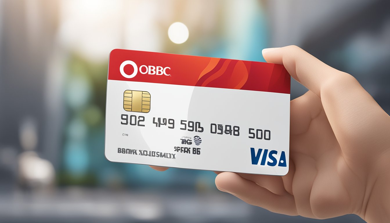 An OCBC debit card sits on a sleek, modern surface, with the bank's logo prominently displayed. The card features a chip and contactless payment symbol, highlighting its advanced technology