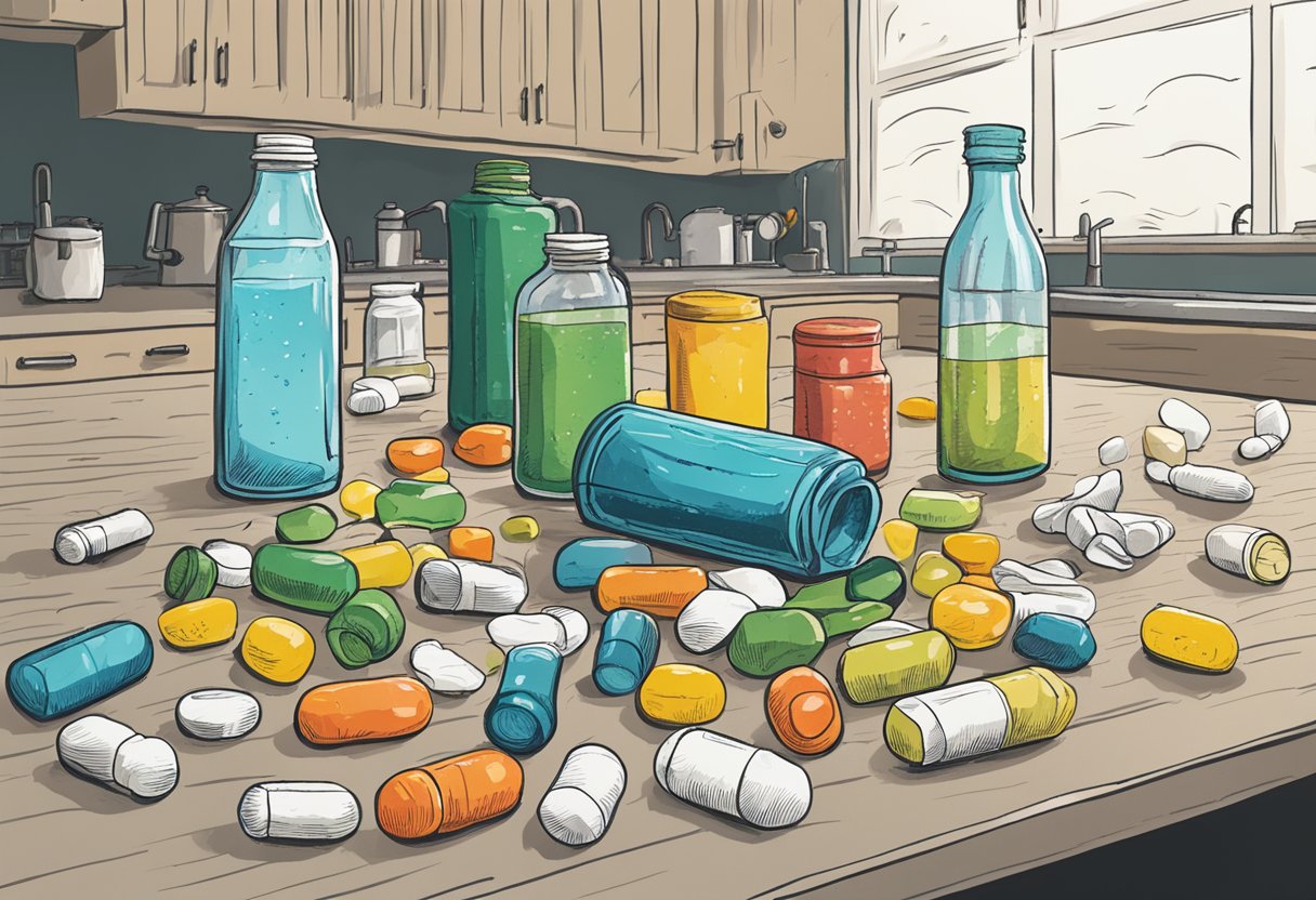 Colorful bottles of vitamins scattered on a messy kitchen counter, a glass of water, and a crumpled empty pill packet