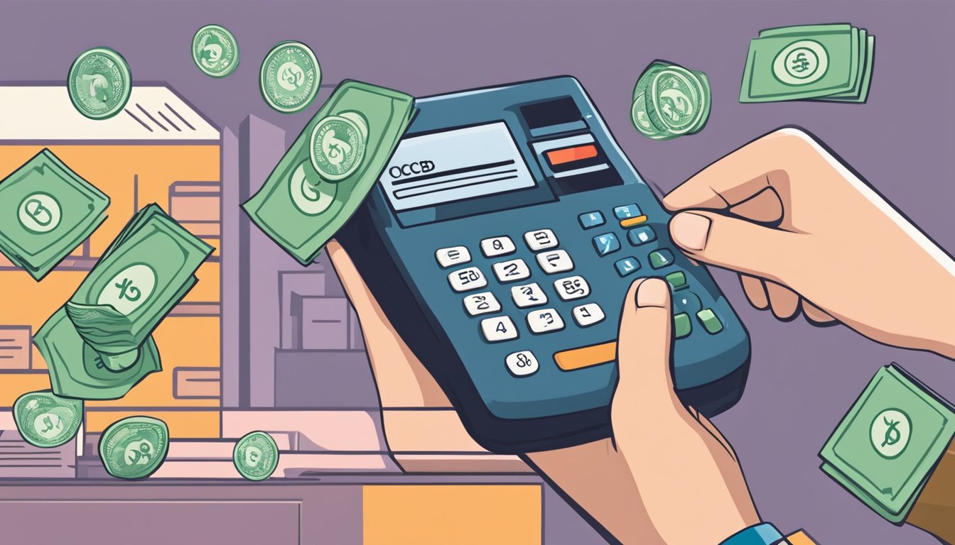 A hand swipes an OCBC debit card at a retail store, with dollar signs and percentage symbols floating around to depict the financial benefits of using the card