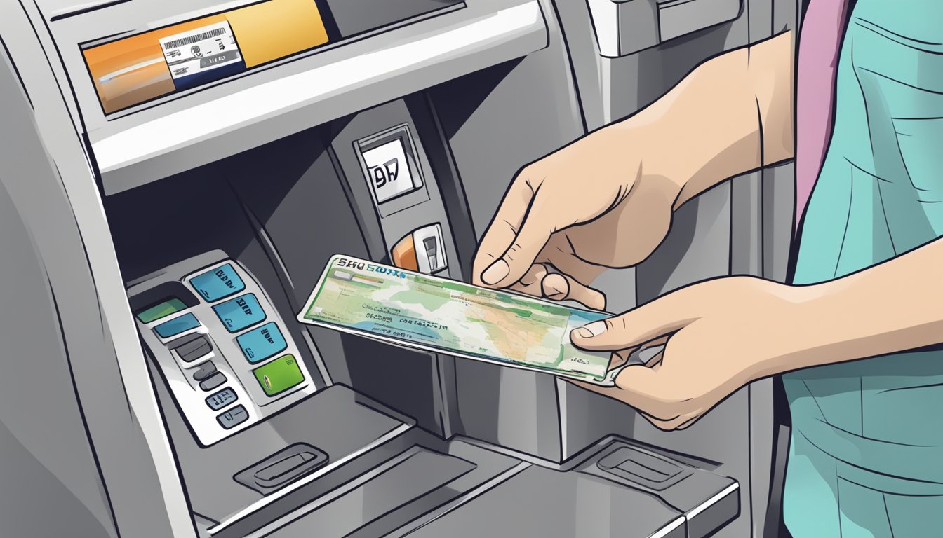 A hand swipes a debit card at a foreign ATM, with a map and passport nearby