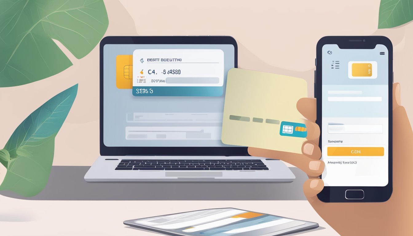 A hand holding an OCBC debit card, with a laptop and mobile phone nearby. A website displaying the eligibility and application process is on the screen
