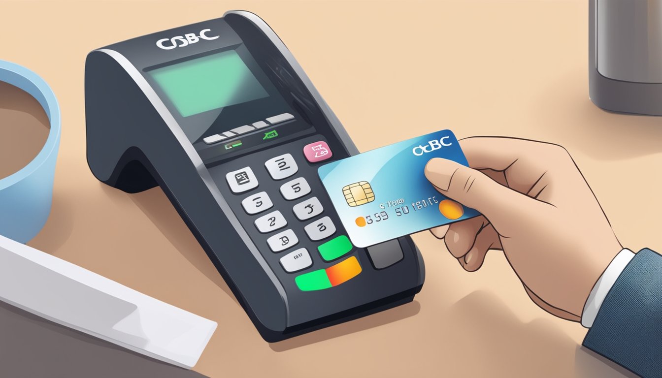 A hand swipes an OCBC debit card at a payment terminal, with the bank's logo displayed prominently