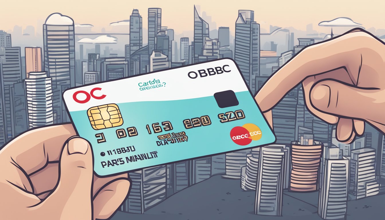A hand holding an OCBC debit card with a Singapore skyline in the background. The card is surrounded by frequently asked questions related to its use