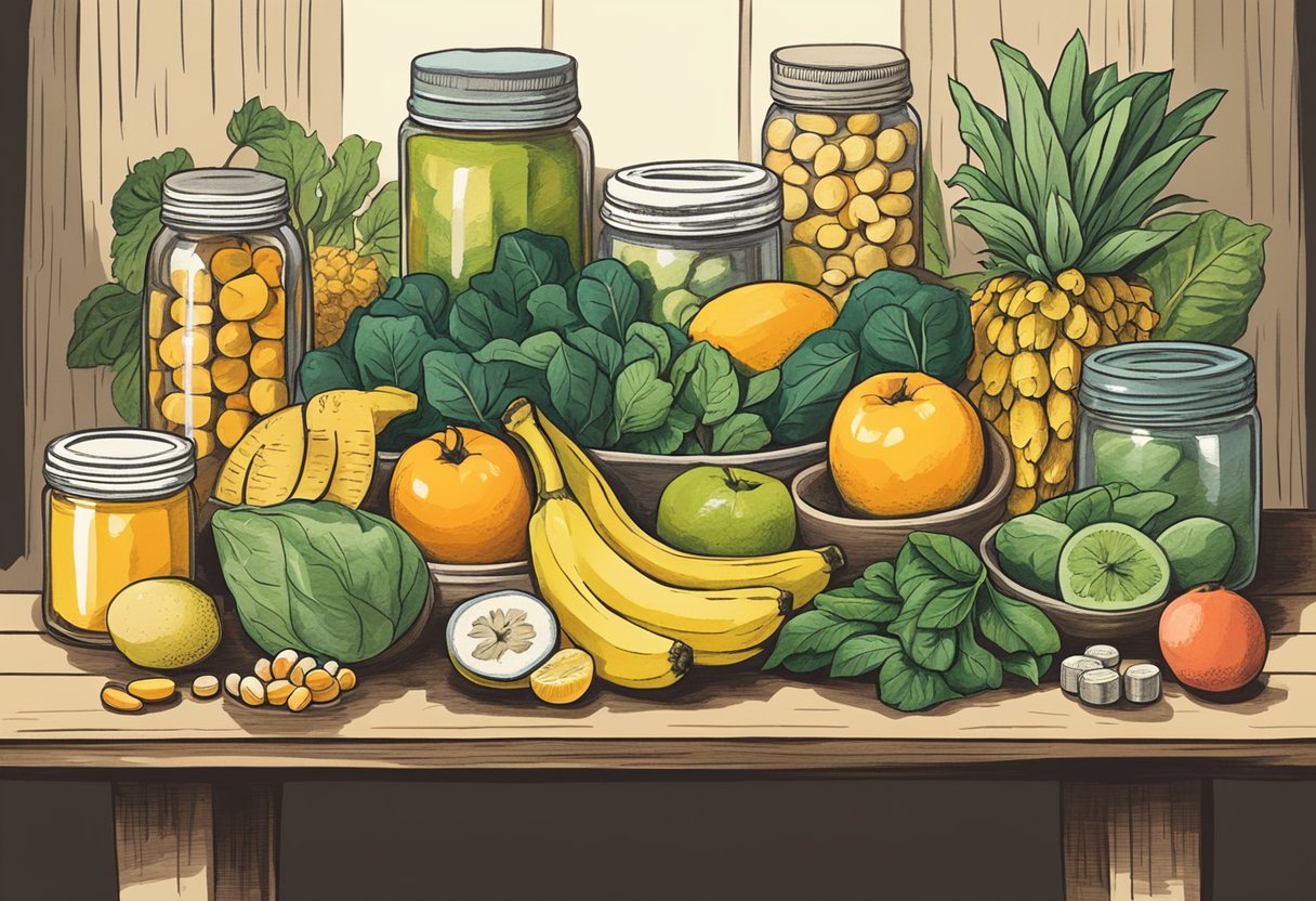 A table with various fruits, vegetables, and supplements, such as bananas, spinach, and vitamin C pills, arranged in an organized and appealing manner