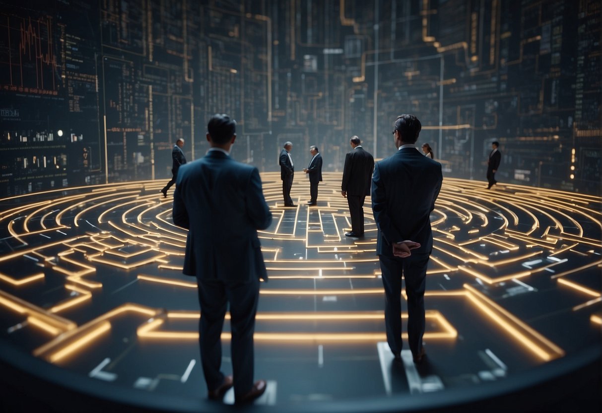 A group of stock traders navigating through a maze of complex regulations, with fintech tools and platforms influencing their decision-making process