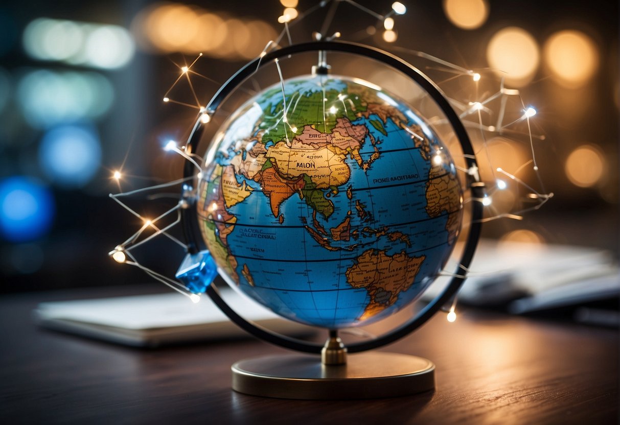 Stock trading regulations: A globe surrounded by interconnected lines representing global markets. Various regulatory documents and symbols of different countries floating around, symbolizing the challenge of harmonizing regulations