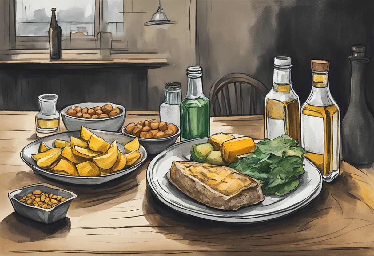A table with empty alcohol bottles, a plate of greasy food, and a bottle of vitamins