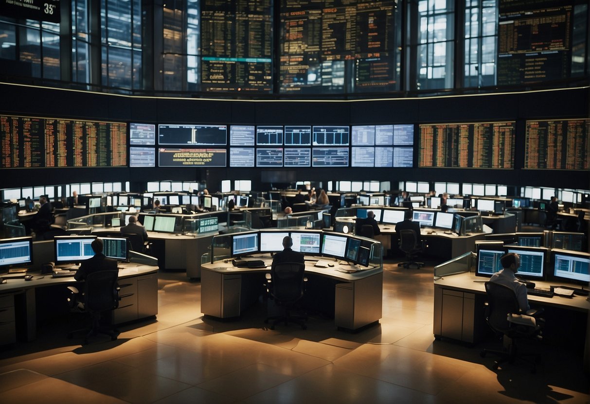 A busy stock exchange floor with traders, screens, and ticker tape. Regulatory documents and rulebooks are prominently displayed