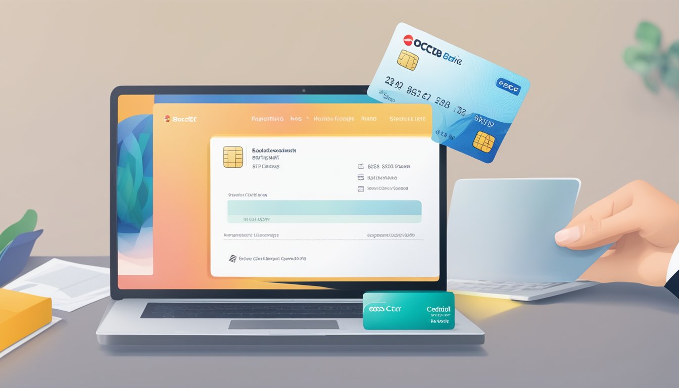 A hand holding a credit card, with a laptop showing the OCBC Easicredit website and a document with eligibility and application requirements