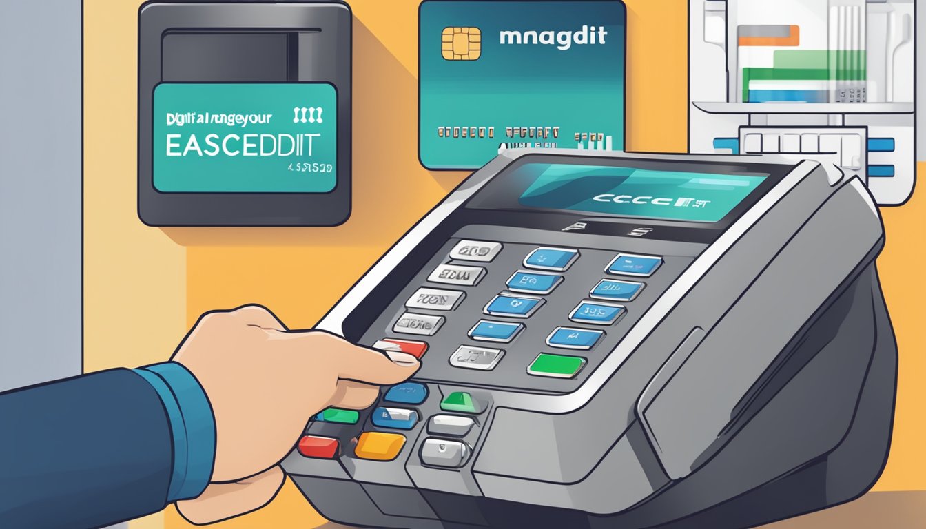 A person swiping a credit card at a digital payment terminal with the words "Managing Your EasiCredit Account" displayed on the screen