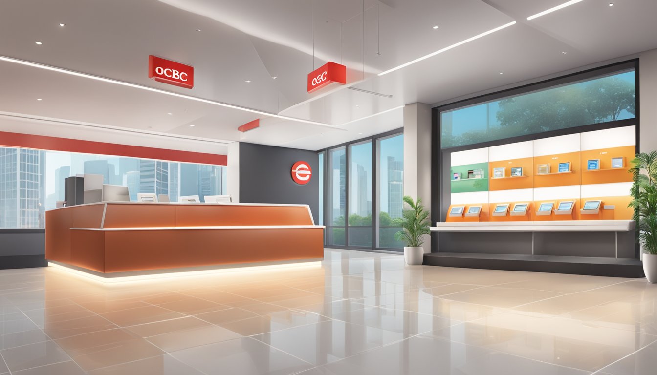 A modern, sleek bank branch with the OCBC Easy Credit sign prominently displayed. Clean lines, bright lighting, and a welcoming atmosphere