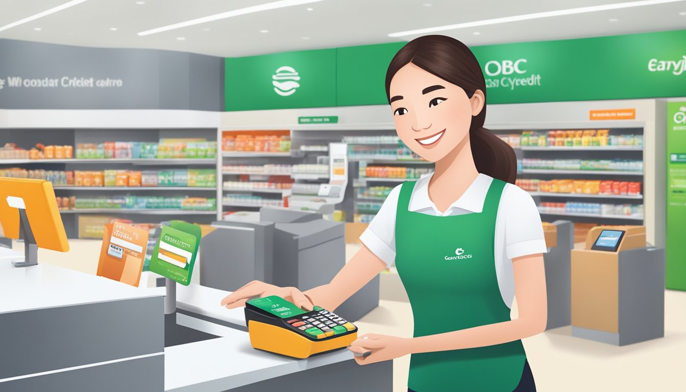 A person swiping an OCBC EasyCredit card at a retail store checkout counter, with a smile on their face as the transaction is approved