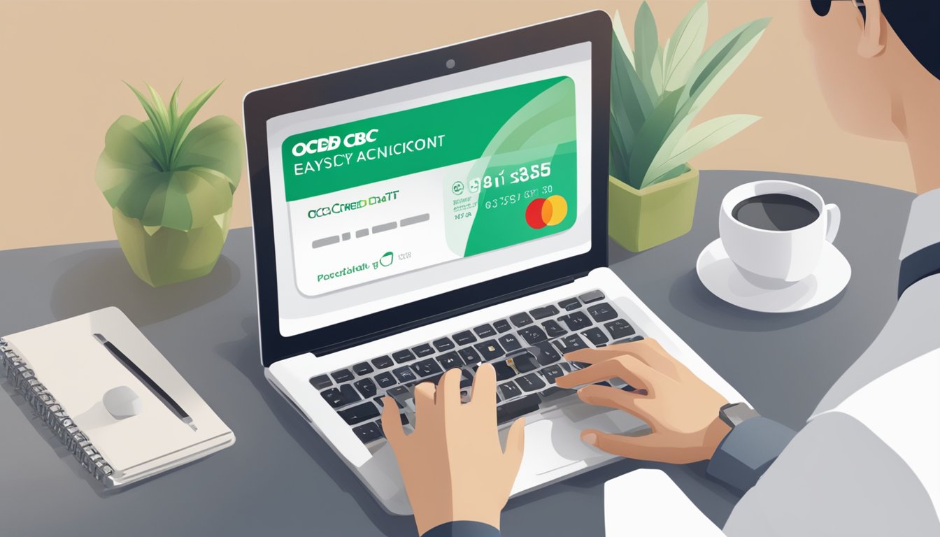 A person using a laptop to access their OCBC EasyCredit account, with the OCBC logo visible on the screen and the person's hand holding a credit card nearby