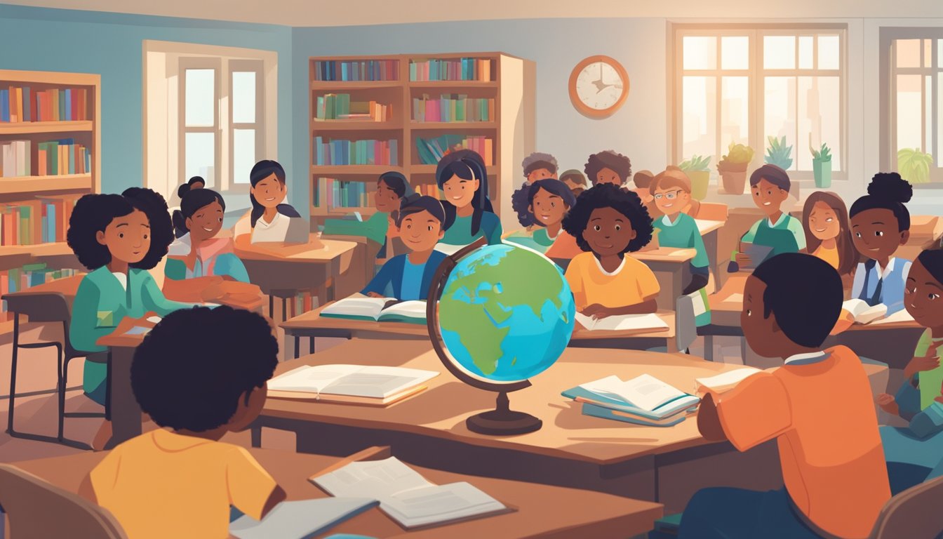 A diverse group of students from around the world gather in a classroom, surrounded by books and educational materials. A globe sits on the teacher's desk, symbolizing the global perspective of international education funding