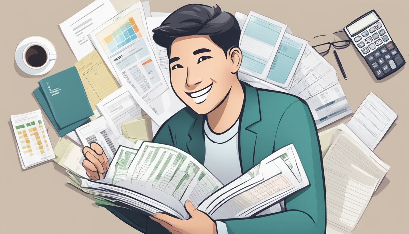 A person holding an OCBC ExtraCash Loan brochure with a smiling face, surrounded by financial documents and a calculator, indicating ease and satisfaction