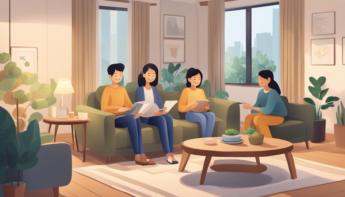 A cozy living room with a family gathered around a table, discussing the benefits of an OCBC fixed rate home loan in Singapore. The room is filled with warm lighting and comfortable furniture, creating a welcoming atmosphere
