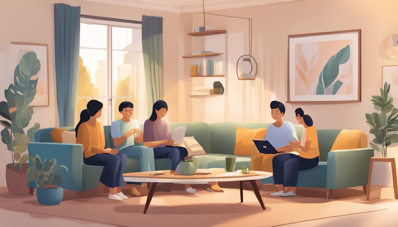 A cozy living room with a family gathered around a table, discussing OCBC Fixed Rate Home Loans in Singapore. The room is filled with warm lighting and comfortable furniture, creating a welcoming atmosphere