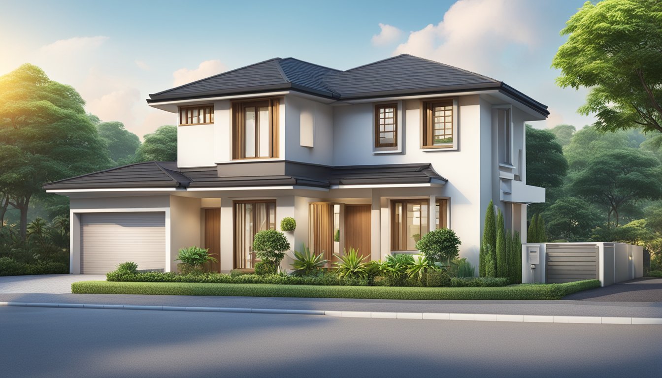 A house with a prominent OCBC fixed rate home loan sign displayed prominently in the front yard. The house is surrounded by a well-maintained garden and has a modern, welcoming exterior
