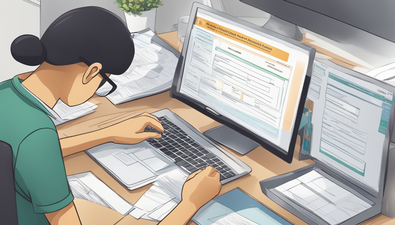 A person fills out a loan application form at a desk with a computer and documents. A sign reads "Eligibility and Application Process for OCBC Fixed Rate Home Loan Singapore."