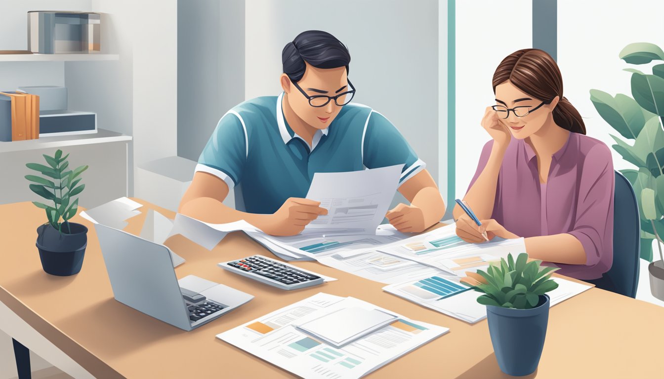 A couple sits at a table, reviewing documents with the OCBC logo. A calculator and pen are nearby, along with a brochure for fixed rate home loans
