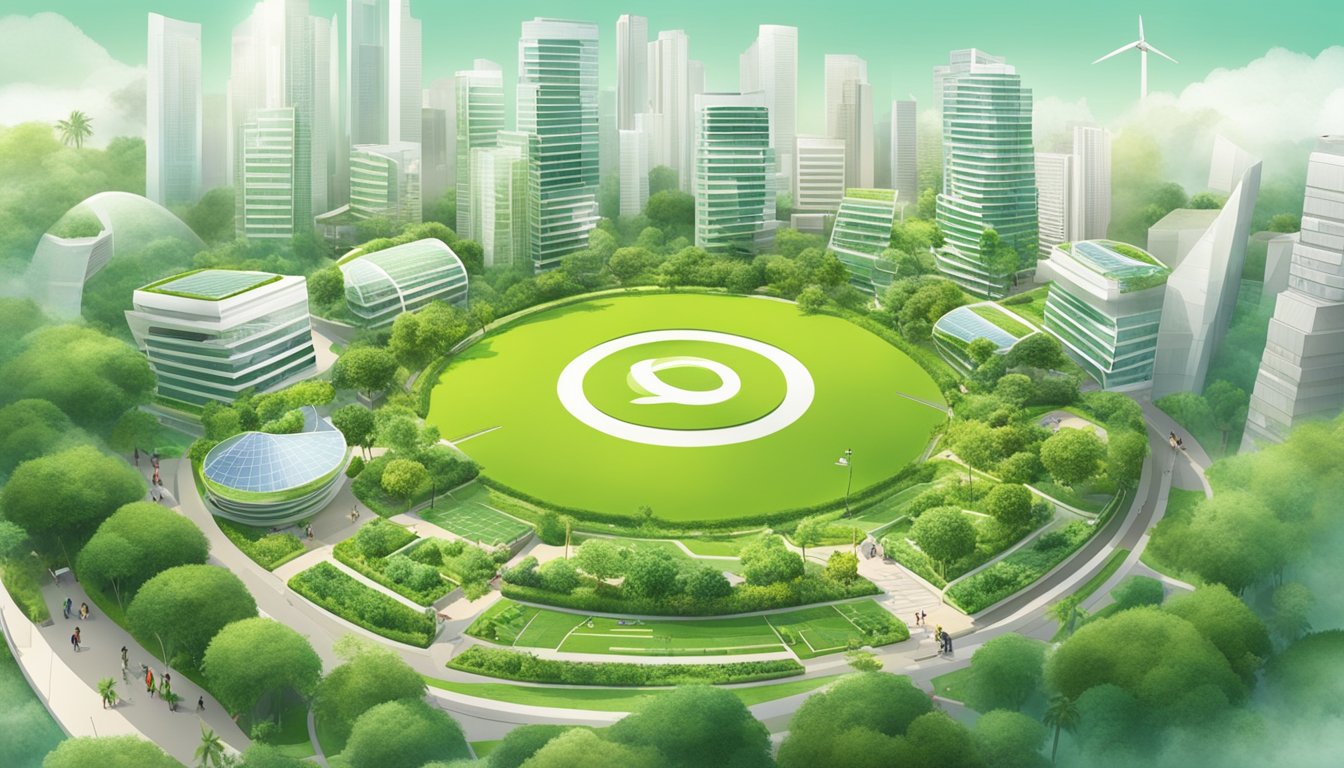 A lush green park with a prominent OCBC logo, surrounded by eco-friendly buildings and solar panels, showcasing the bank's commitment to a greener Singapore