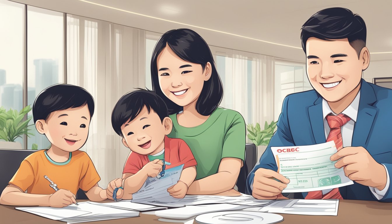 A smiling family receives a key from a banker, with a sign reading "Additional Services and Benefits ocbc fixed rate home loan singapore" in the background
