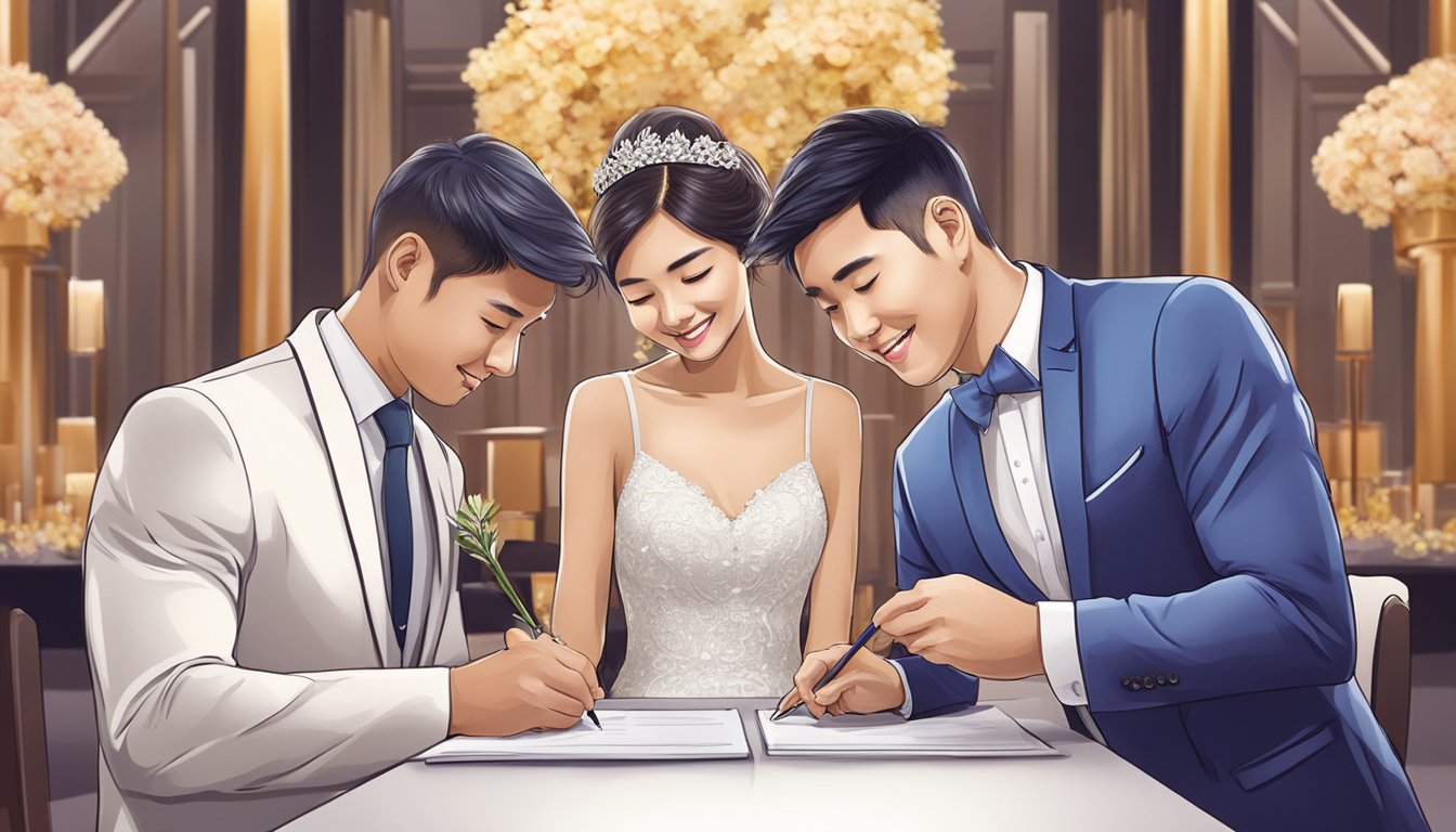 A couple signing a loan agreement with a money lender at a wedding venue in Singapore
