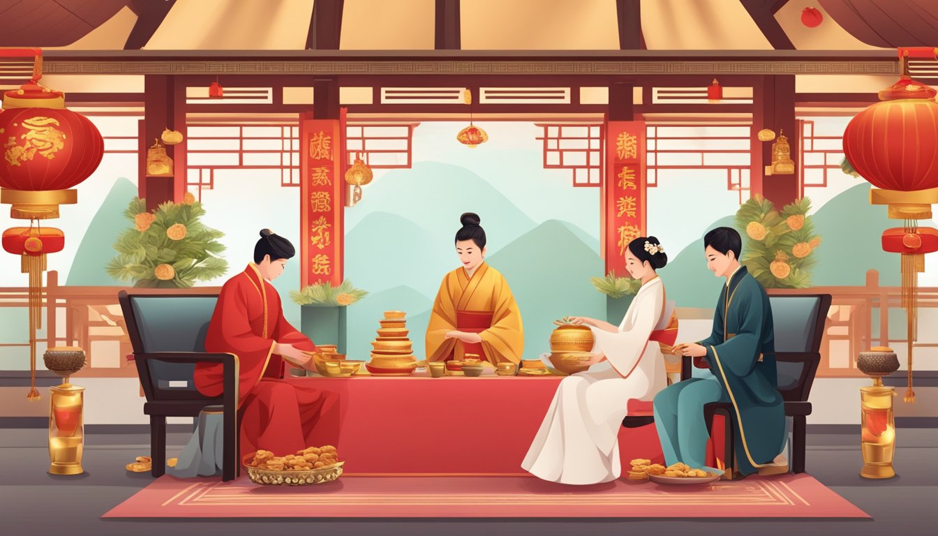 A traditional Singaporean wedding scene with red and gold decorations, a tea ceremony, and a money lender offering wedding loans