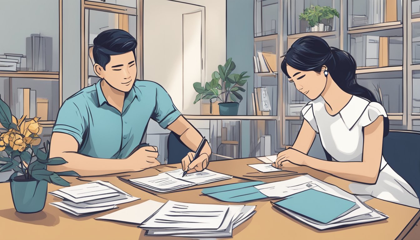 A couple sitting at a table with a money lender in Singapore, signing paperwork for a wedding loan. The lender is explaining terms and interest rates