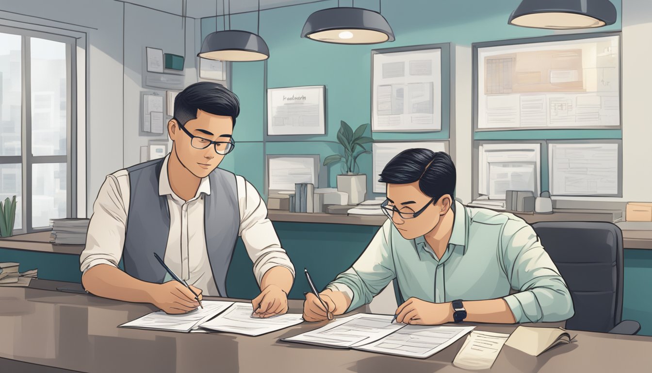 A couple sits at a desk, signing paperwork with a money lender. The lender's office is neat and professional, with a sign on the wall reading "Selecting the Right Money Lender wedding loan money lender in Singapore."