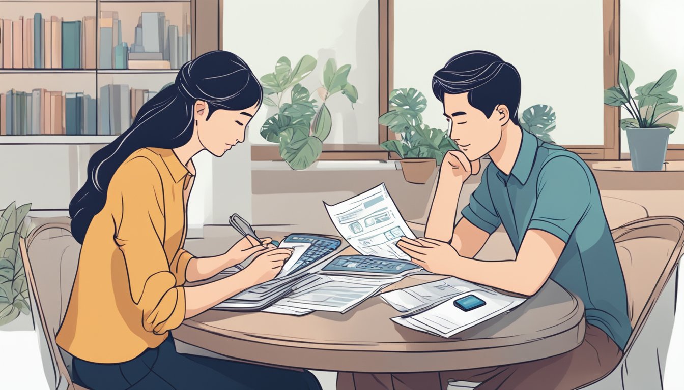 A couple sits at a table with bills and a calculator, discussing wedding expenses. A money lender in Singapore offers a loan