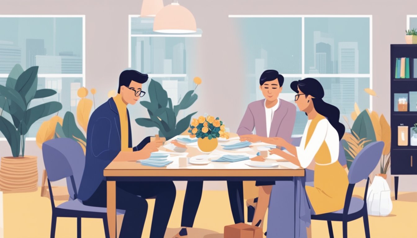 A couple sits at a table surrounded by wedding planners, discussing additional services and financial considerations with a money lender in Singapore
