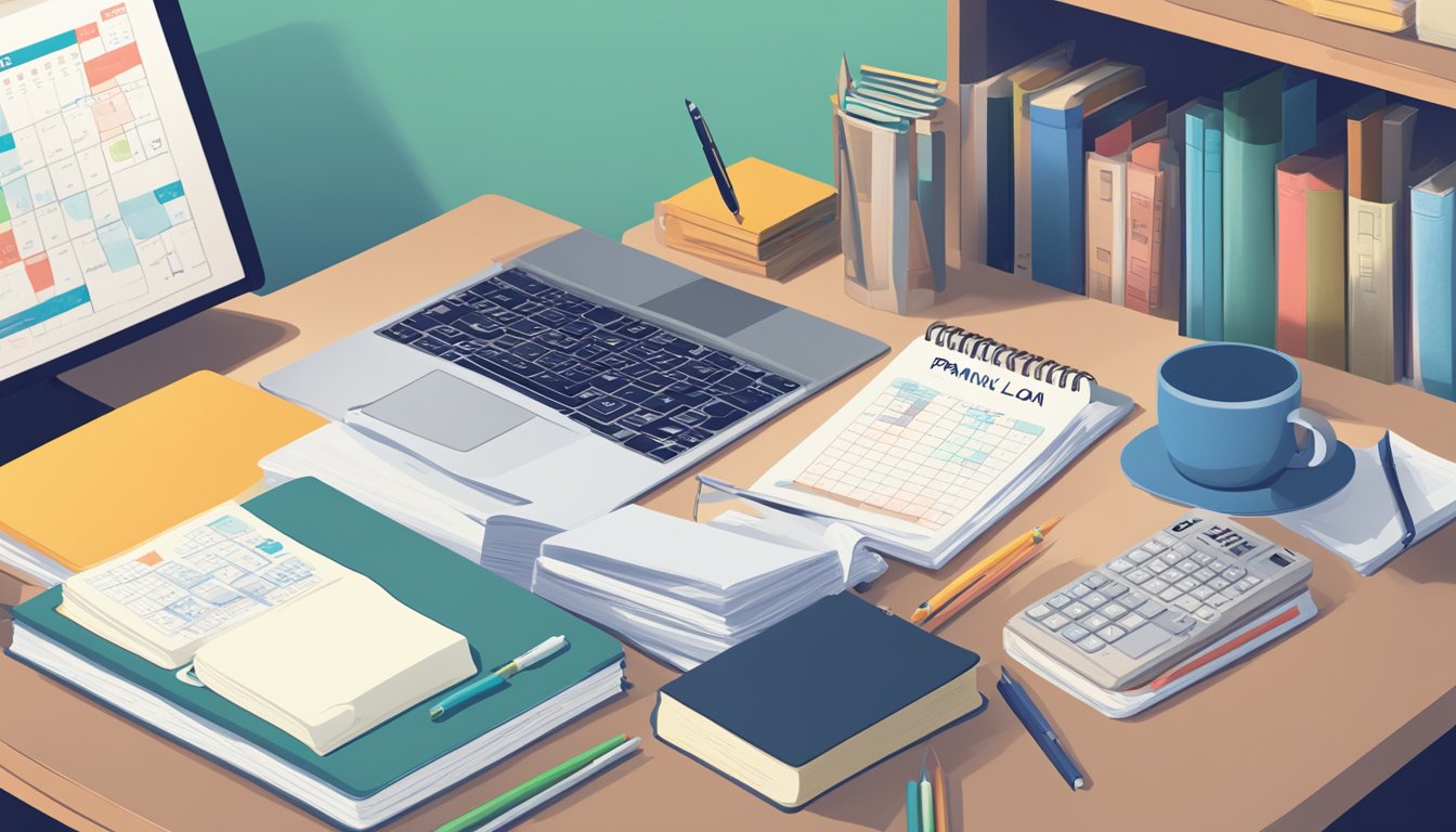 A student sits at a desk, surrounded by textbooks and a laptop. A calendar on the wall marks important dates. A stack of papers labeled "OCBC Frank Education Loan" sits next to a calculator