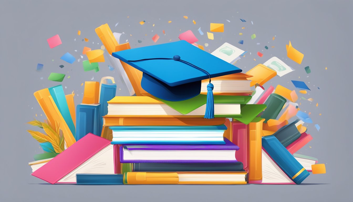 A colorful bank card surrounded by books and a graduation cap