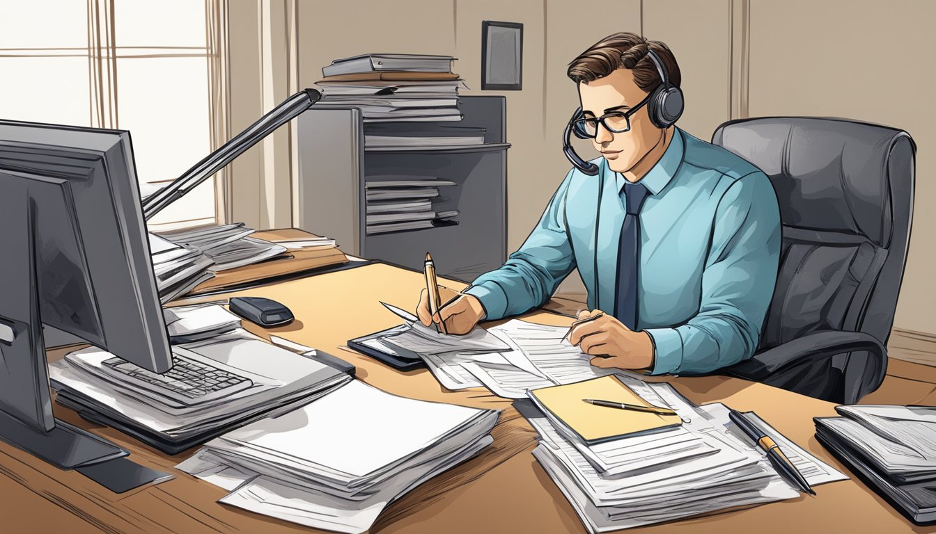 A person sitting at a desk, pen in hand, surrounded by legal documents and a computer, while speaking with a lawyer over the phone