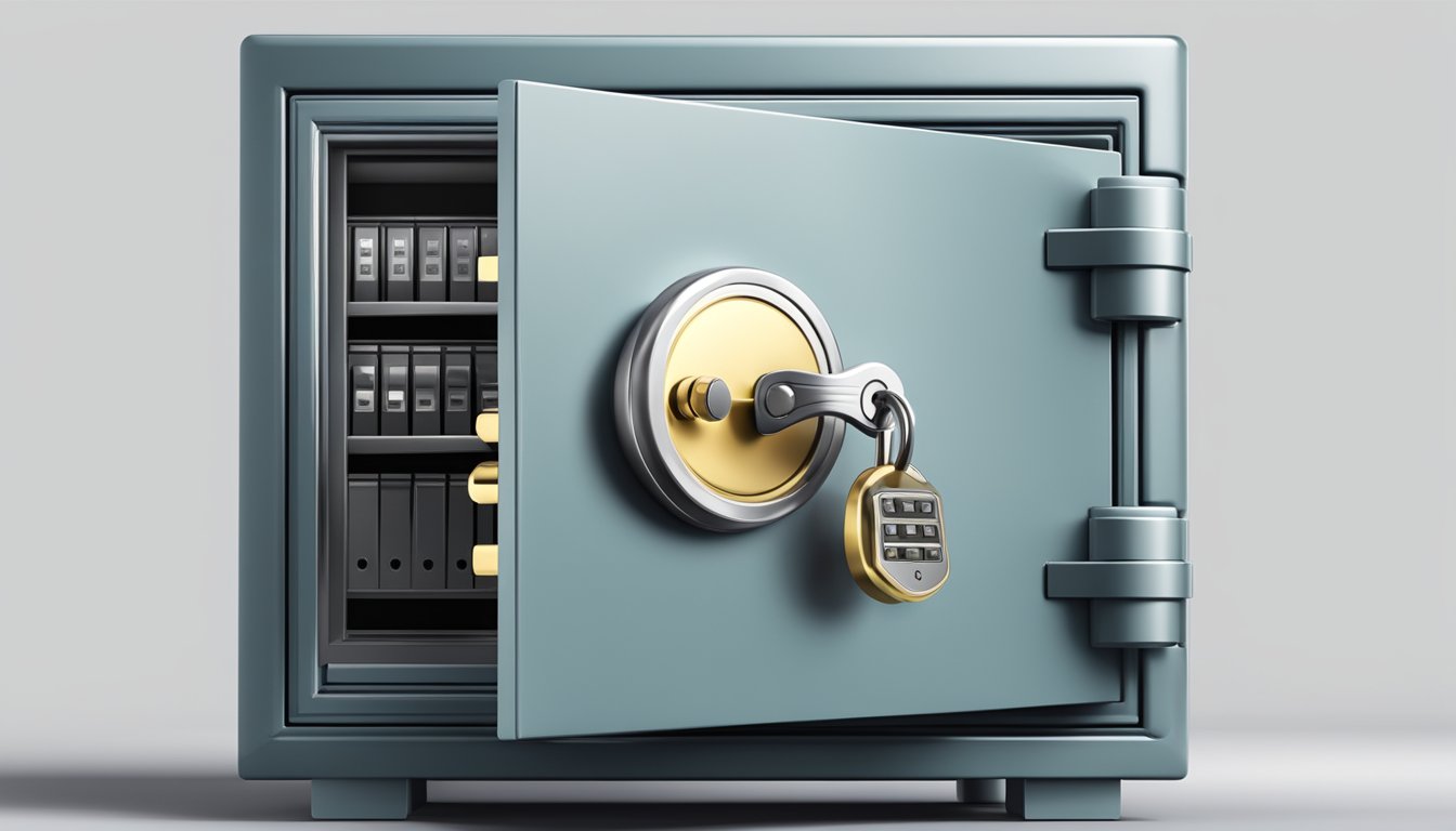A digital safe with a padlock, surrounded by a shield and key, symbolizing safeguarding a digital legacy