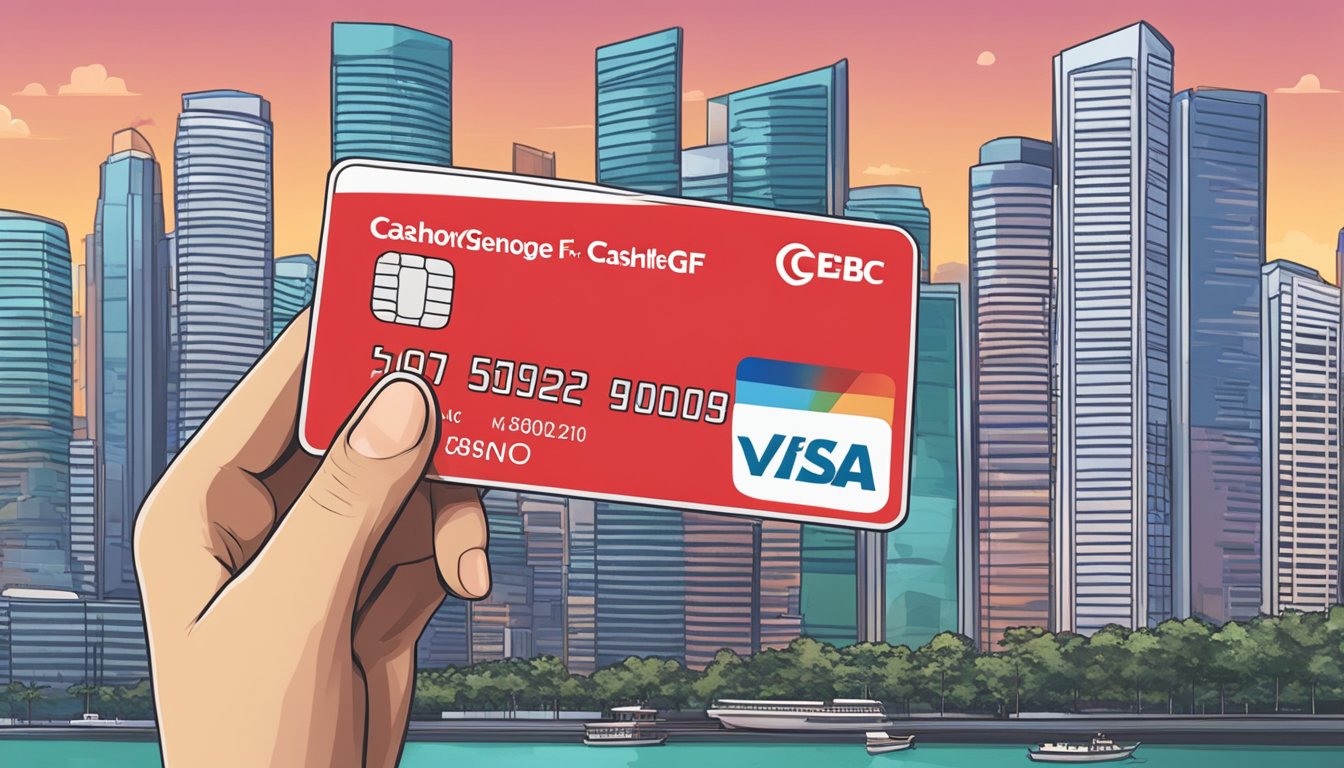 A hand holding an OCBC GE Cashflo card in front of a Singaporean cityscape