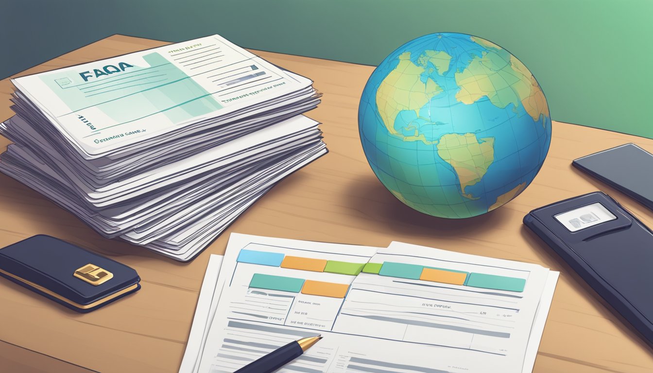 A stack of FAQ cards on a desk, with a globe and a savings account passbook in the background