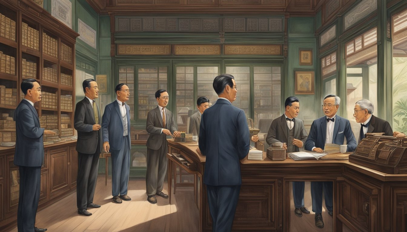 A group of businessmen meeting in a traditional Singaporean shophouse to establish OCBC bank in the early 20th century