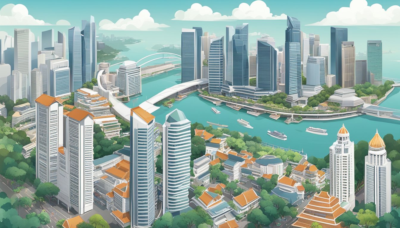 The bustling city of Singapore, with its modern skyscrapers and historical landmarks, symbolizes the expansion and development of OCBC's history