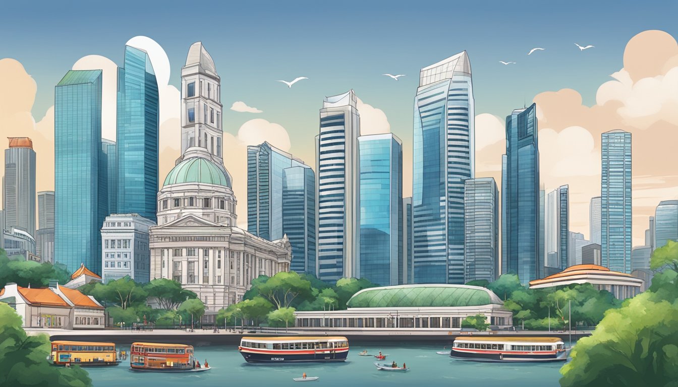 A bustling financial district with iconic OCBC buildings and historical landmarks in Singapore