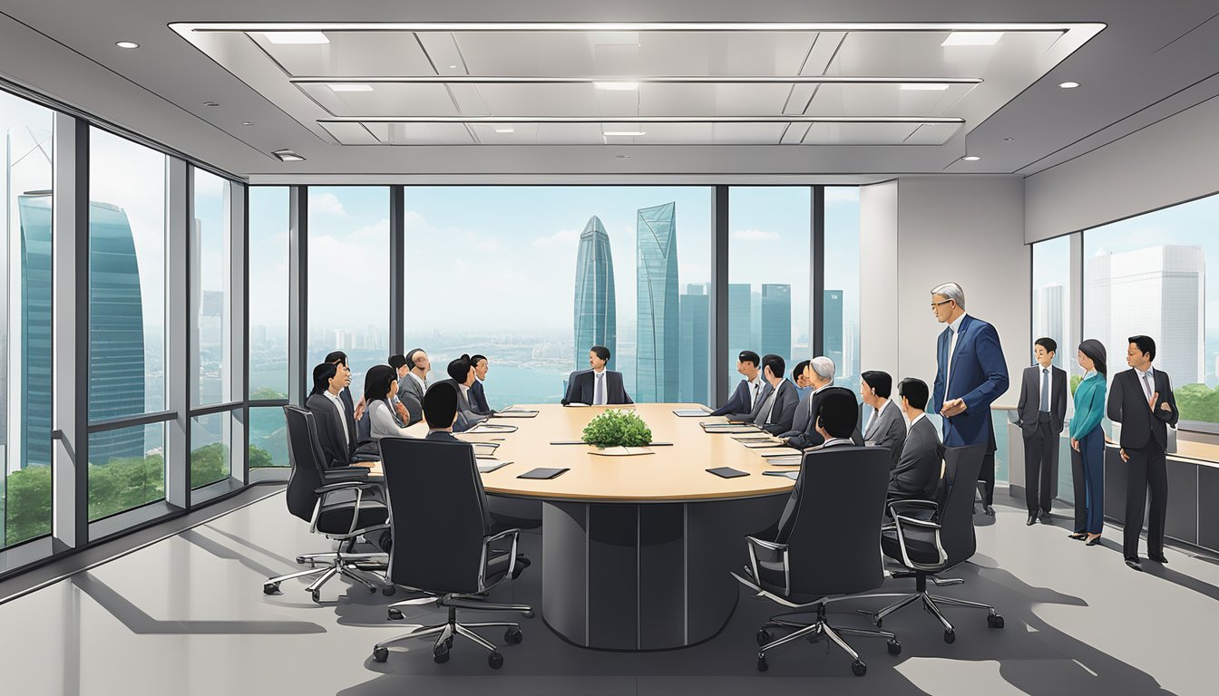 A boardroom with executives discussing strategy at OCBC's headquarters in Singapore. The room is modern and sleek, with a large conference table and floor-to-ceiling windows overlooking the city skyline