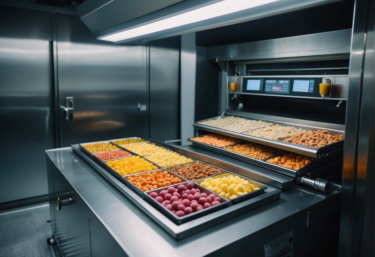 A tray of colorful candies placed inside a freeze-drying machine, with the machine's door closed and the control panel illuminated