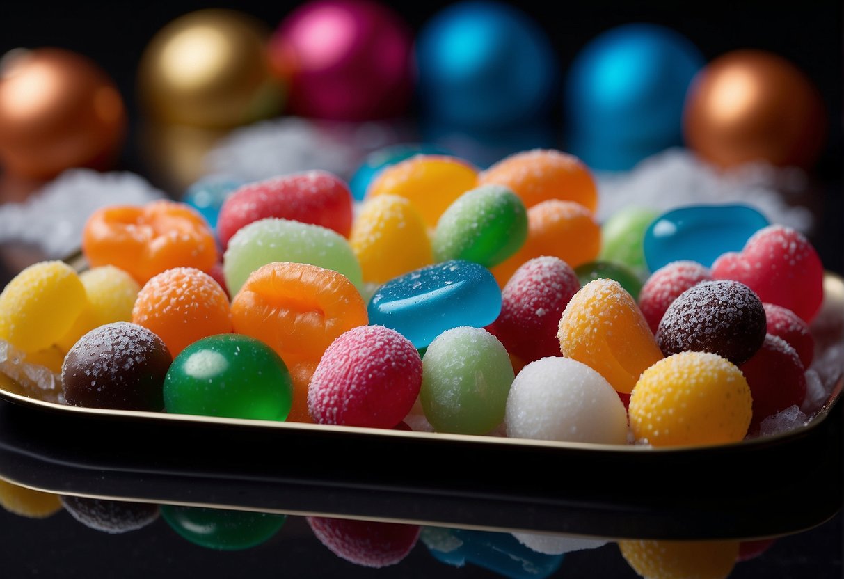 Assorted candies arranged on a tray, surrounded by dry ice fog