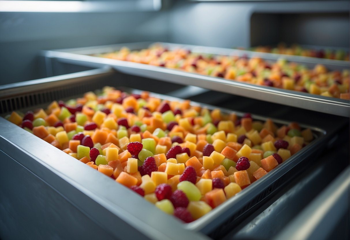 Fruit pieces placed on trays inside a freeze dryer. The machine removes moisture, leaving behind crispy, lightweight candy