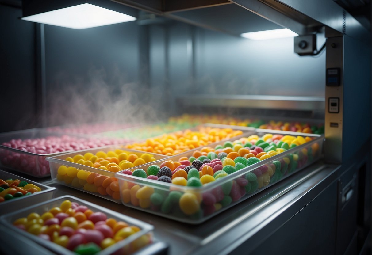 A tray of assorted candies sits inside a freeze dryer machine, surrounded by a cold mist as the process of freeze drying takes place