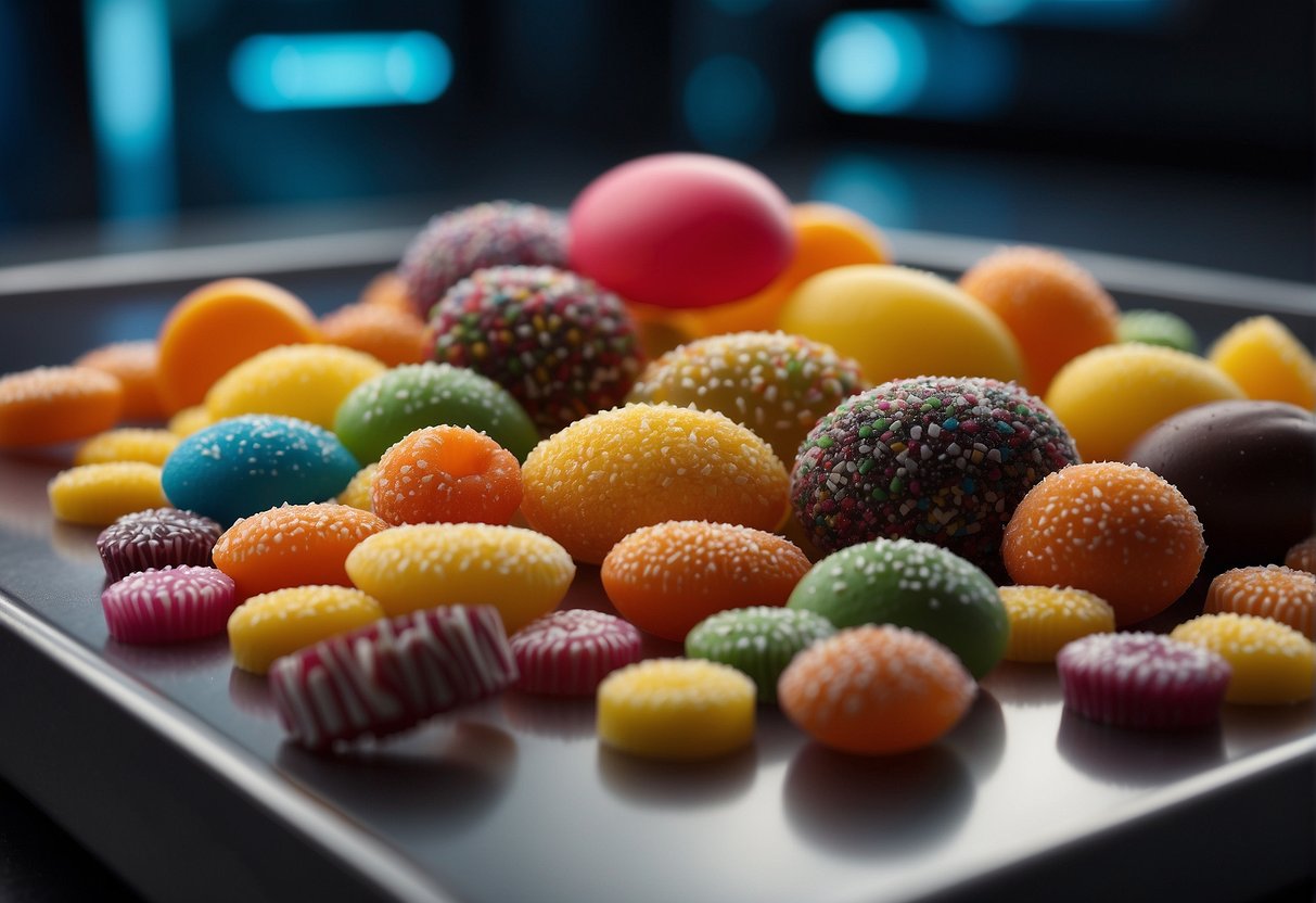 A variety of colorful candies arranged on a table, with a freeze-drying machine in the background