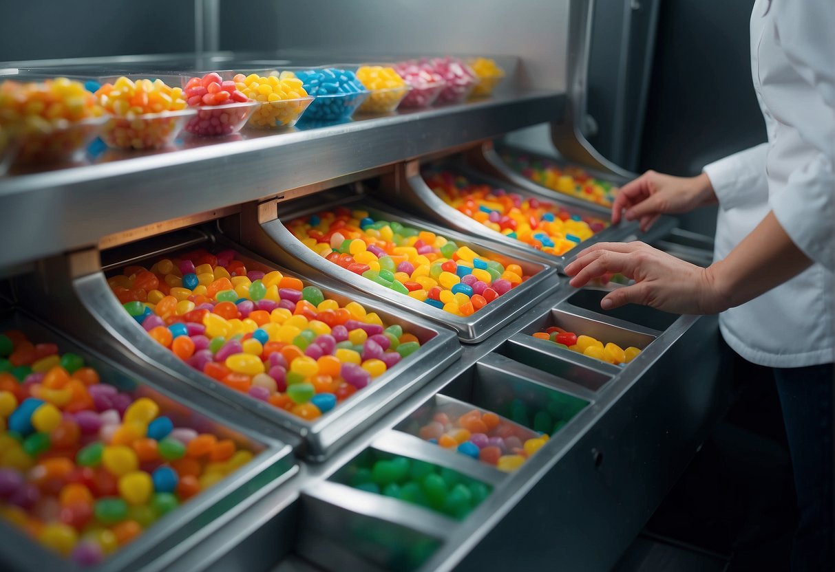 Vibrant colors of assorted candies being carefully placed into a freeze-drying machine, with the machine's dials and buttons being adjusted for the process