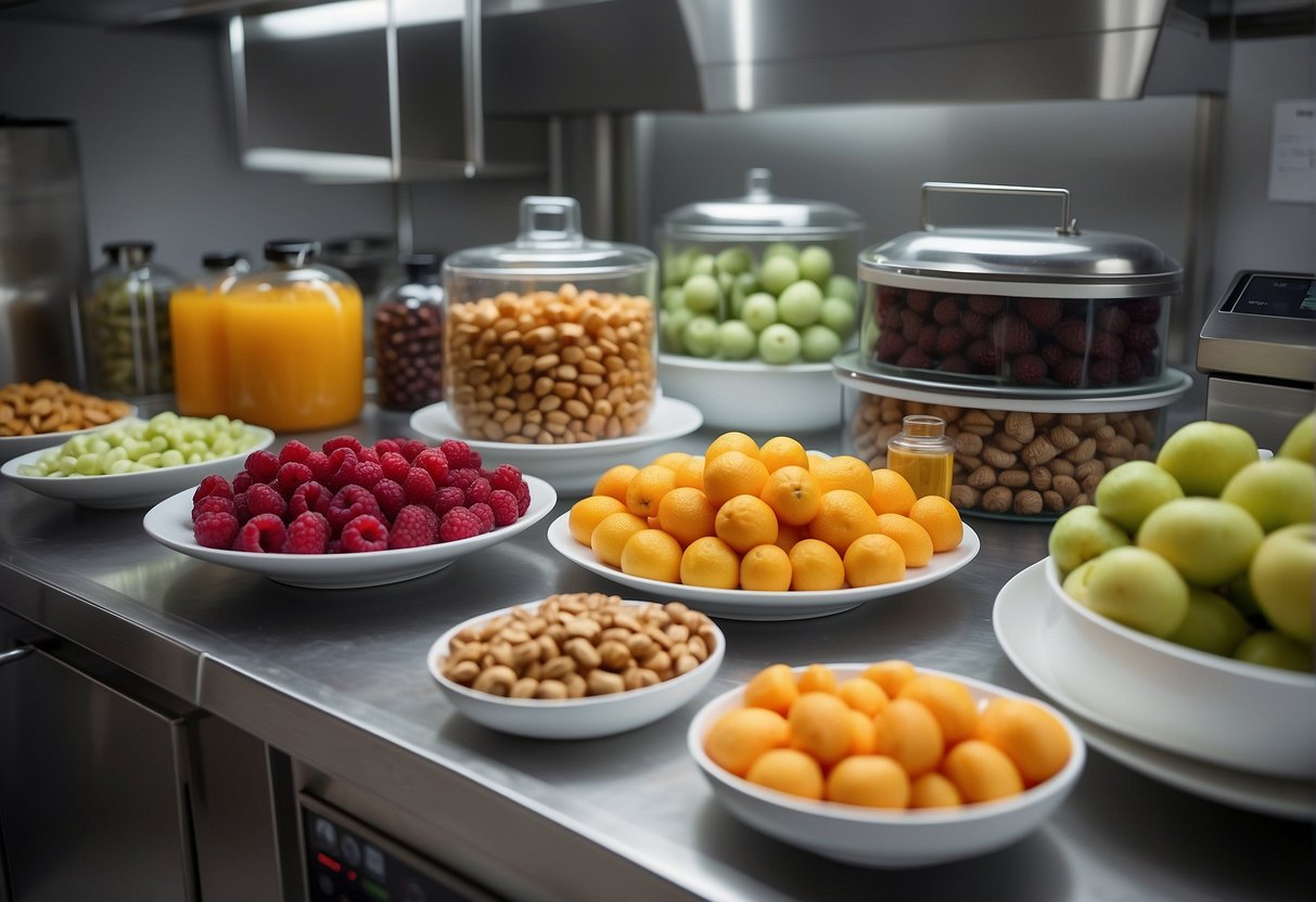 Various fruits and candies laid out on trays, surrounded by a vacuum pump and a freeze-drying machine in a home kitchen