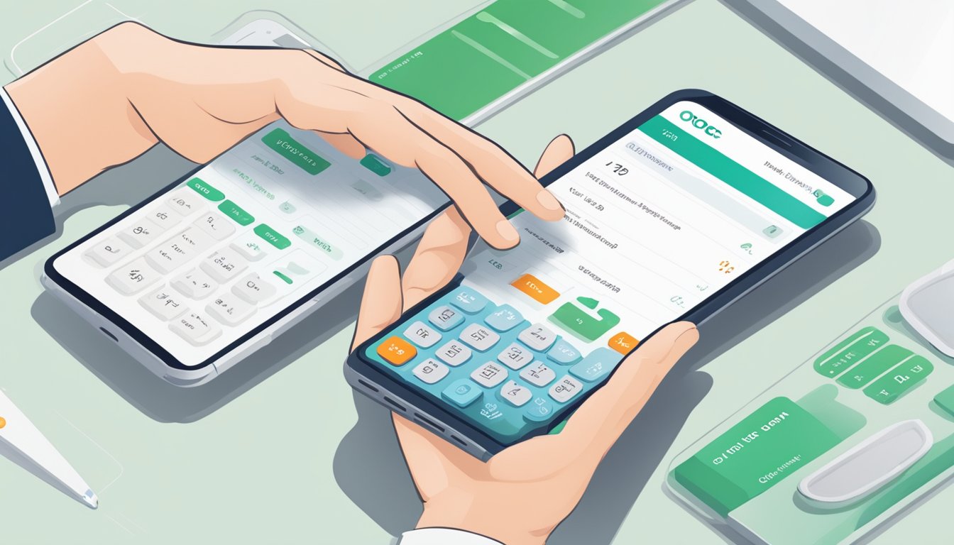 A hand reaches for a smartphone, opening the OCBC Home Loan Calculator app. The screen displays a simple interface with input fields for loan amount, interest rate, and tenure, allowing users to easily calculate their home loan repayments